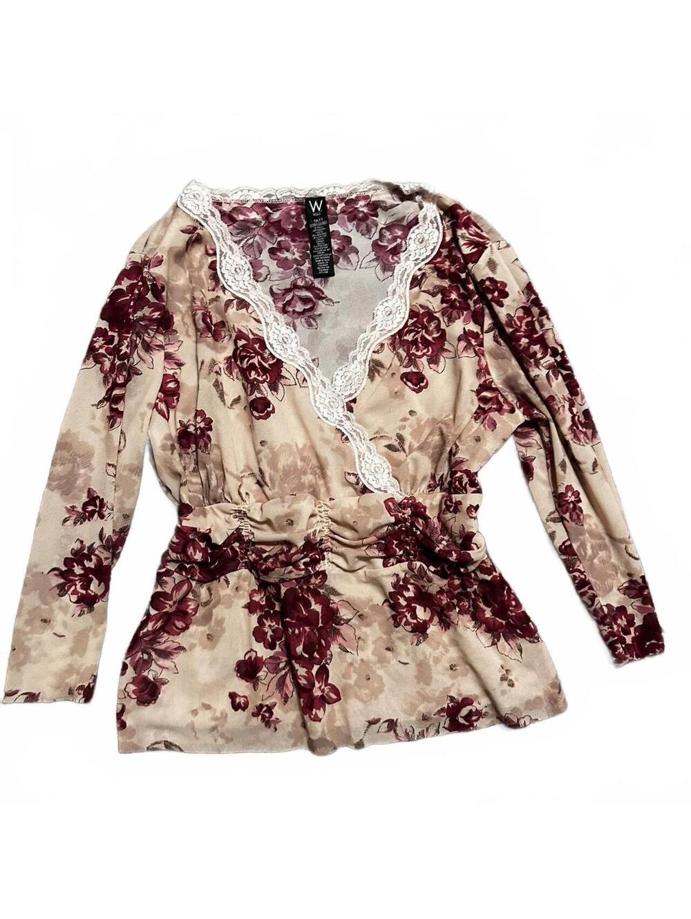 Y2K Floral Lace Trim Long Sleeve Top Size 1X